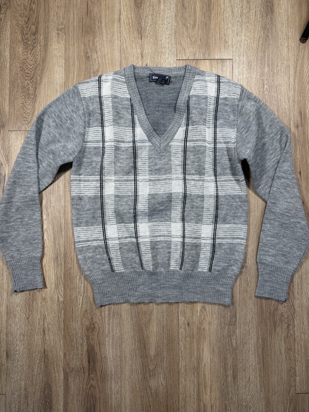 Mens Vintage Size Small 70s Grey Plaid Deep V Pullover KingSport Sweater